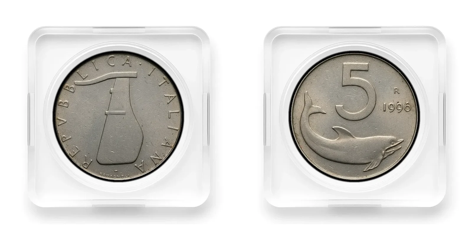 5 Lire Delfin Italienische Republik, Vorder- und Rückseite in der Kapsel
