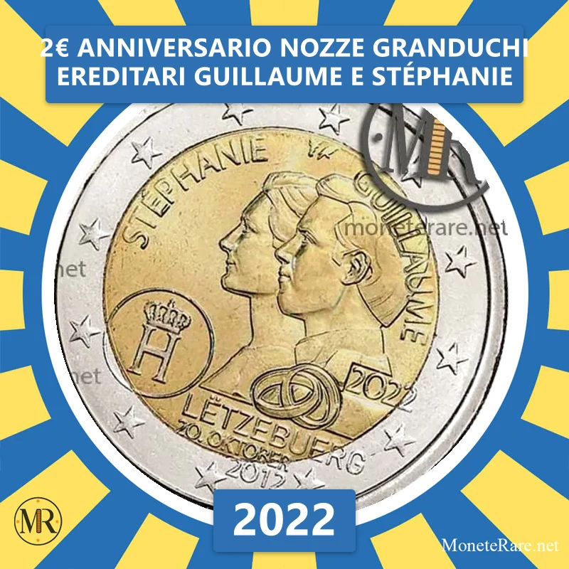 Luxemburg 2€ Jahrestag der Hochzeit der Erbgroßherzöge Guillaume und Stéphanie 2022 (Münzfoto)