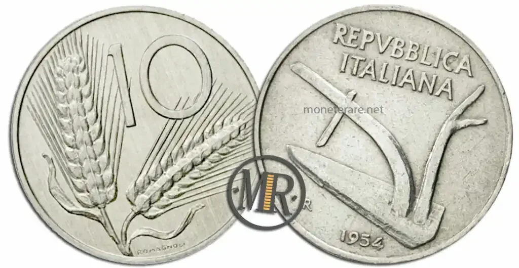 10 Lire 1954 Spiga: Münze der Italienischen Republik mit zwei Ähren