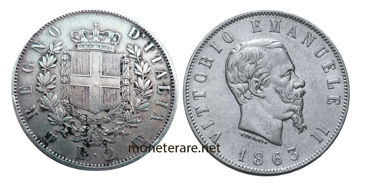 2 Lire Vittorio Emanuele II variante verso