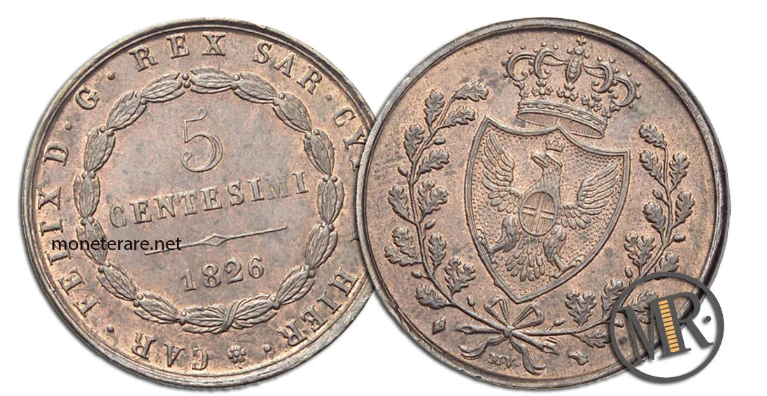 5 Centesimi Carlo Felice - Wert seltener Lira