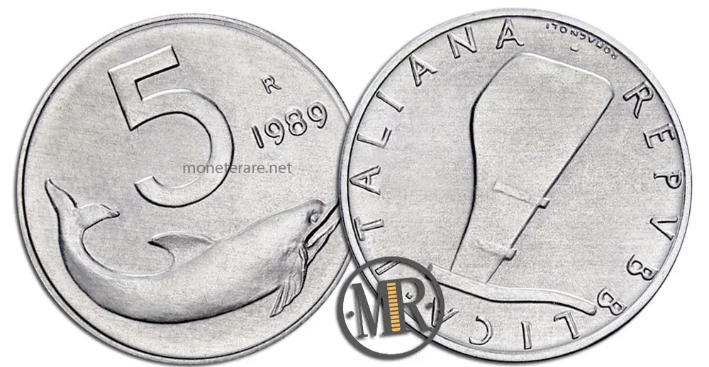 5 Lire Delfino 1989 Steuerrad umgekehrt 5 Lire wert