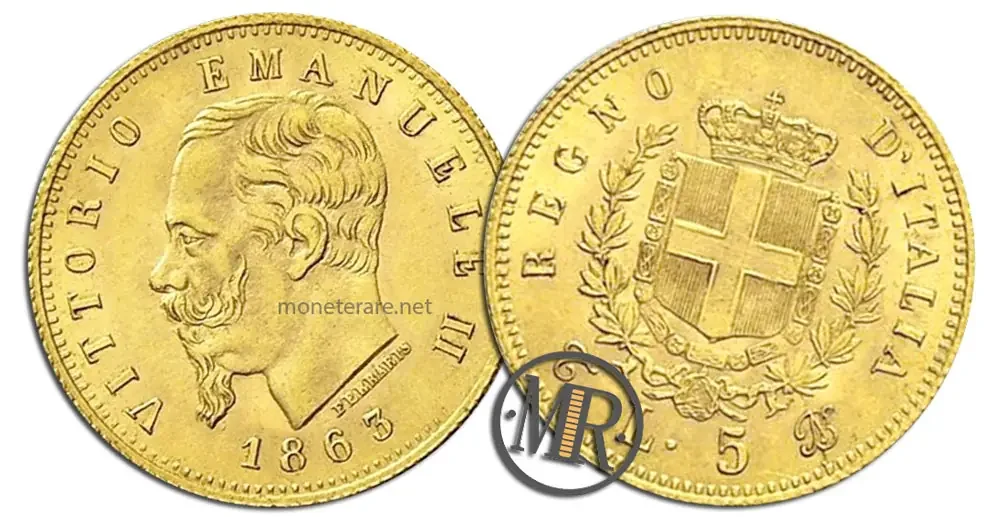 5 Lire Wert Vittorio Emanuele II Wappen GOLD seltene Münze
