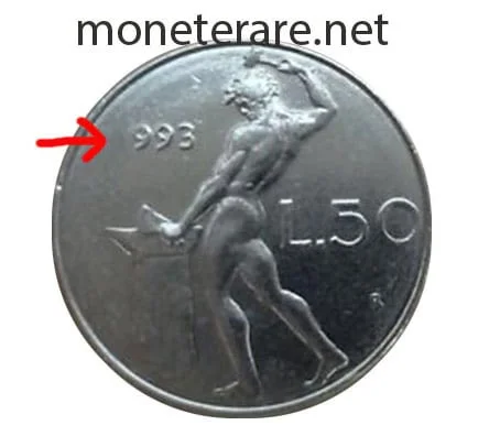 50 Lire Mikro-Münze von 1993 mit einem Prägefehler