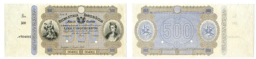 Vorder- und Rückseite der seltenen italienischen Banknote 500 Lire des Banco di Sicilia von 1876