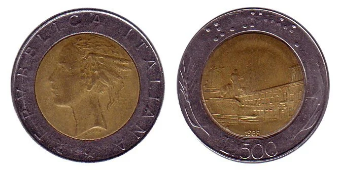 Die Bimetallmünze zu 500 Lire