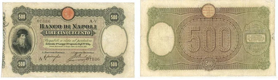 Banknote von 500 Lire 1903 mit Leonardo da Vinci der Banco di Napoli