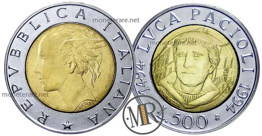 500 Lire Bimetalliche Italiene Luca Pacioli 1994