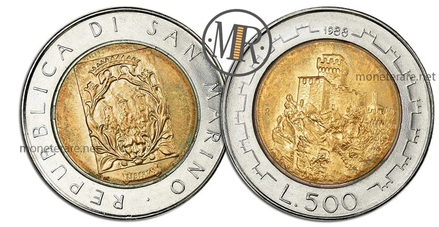 moneta da 500 Lire San Marino 1988 Bimetalliche Cesta La seconda Torre