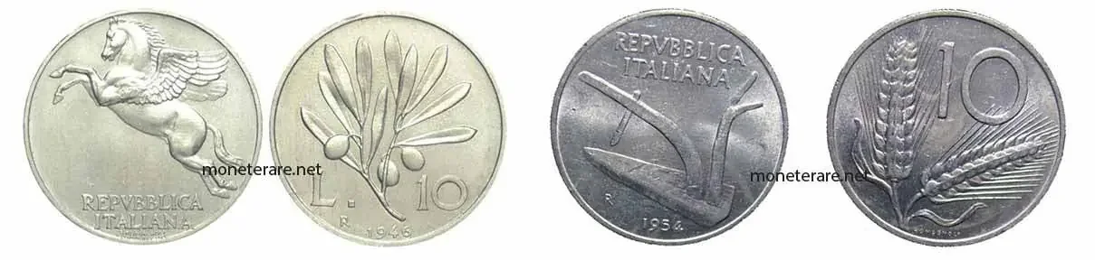 Die wertvollen italienischen Münzen von 10 Lire Olivo und Spiga