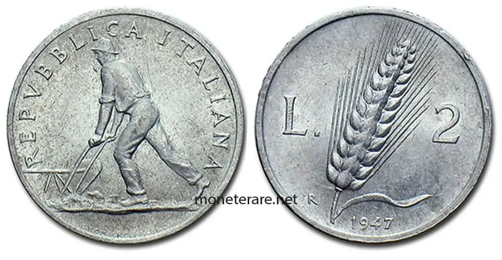 wertvolle italienische Münzen von 2 Lire Spighe 1947