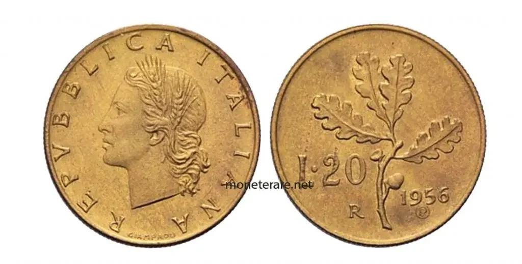 Nicht seltene italienische Münze von 20 Lire 1956