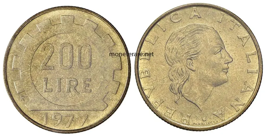 Wertvolle Münze von 200 Lire 1977 mit der Aufschrift PROVA
