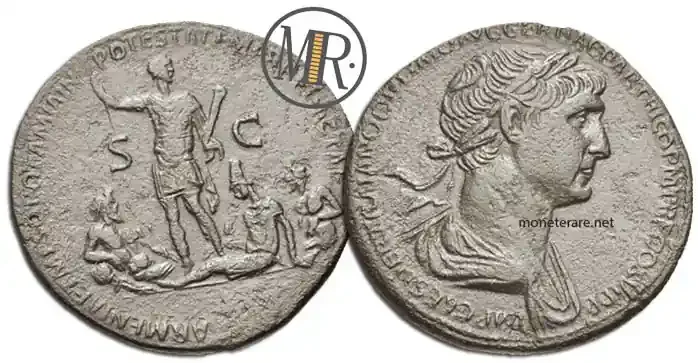 Sesterz Münze von Trajan mit Tigris Euphrat und Armenien