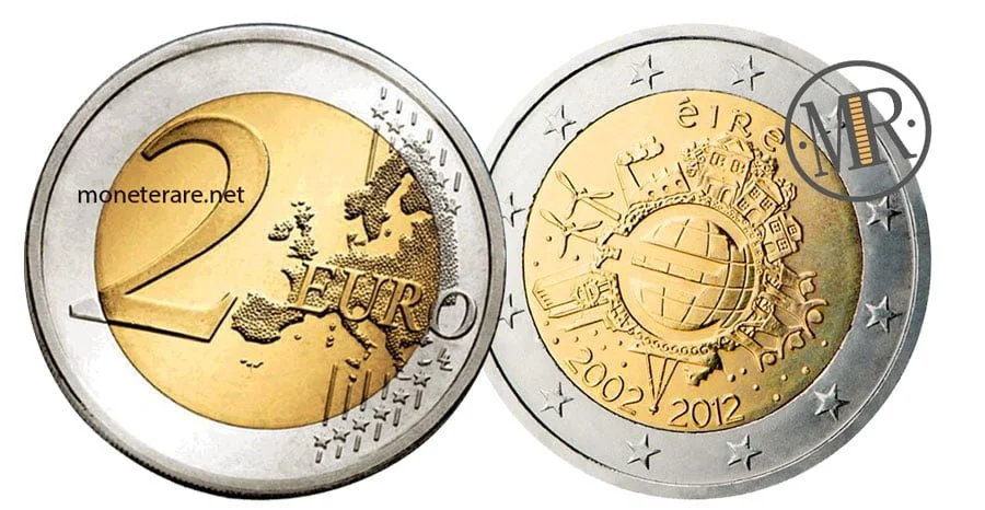 2 Euro Irland 2012 – 10 Jahre Banknoten und Münzen in Euro — Münzvorderseite