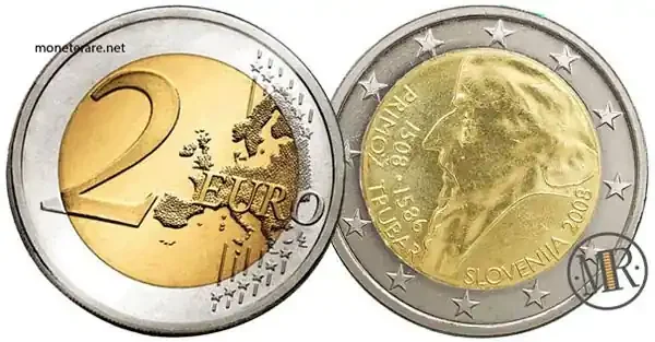 2-Euro-Gedenkmünze Slowenien 2008 – 500 Jahre Geburt von Primoz Trubar — Münzvorderseite