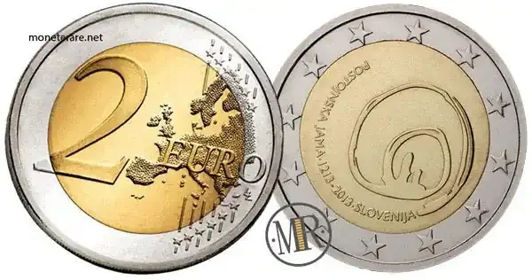 2-Euro-Gedenkmünze Slowenien 2013 – 800 Jahre Entdeckung der Postojna-Höhlen — Münzvorderseite