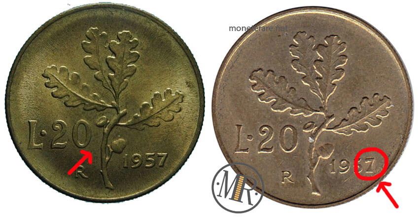20 Lire 1957 - Ramo Largo - Gambo Largo