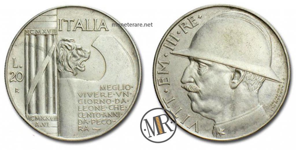 20 Lire 1928 Helm Silber