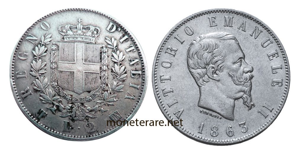 2 Lire Vittorio Emanuele II variante verso