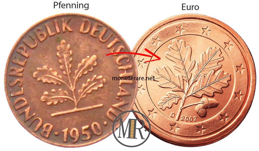 Eichenlaubzweig auf Pfennig und Euro