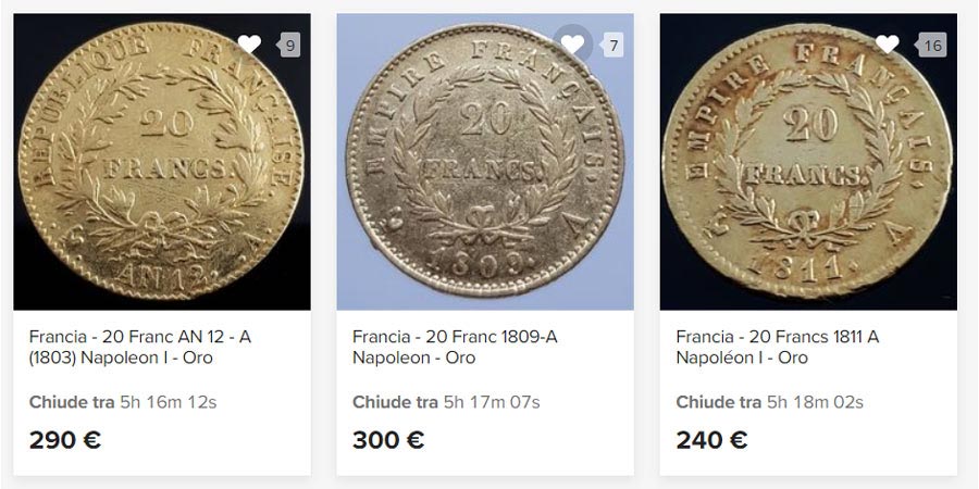 drei Gold-Franc-Münzen bei Auktionen
