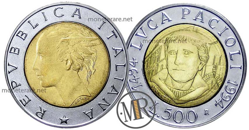500 Lire Bimetalliche Italien Luca Pacioli 1994