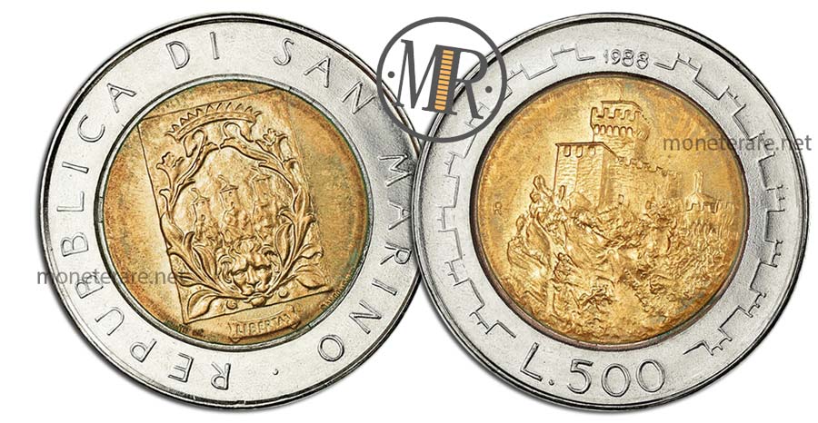 Moneta da 500 Lire San Marino 1988 Bimetalliche Cesta La seconda Torre