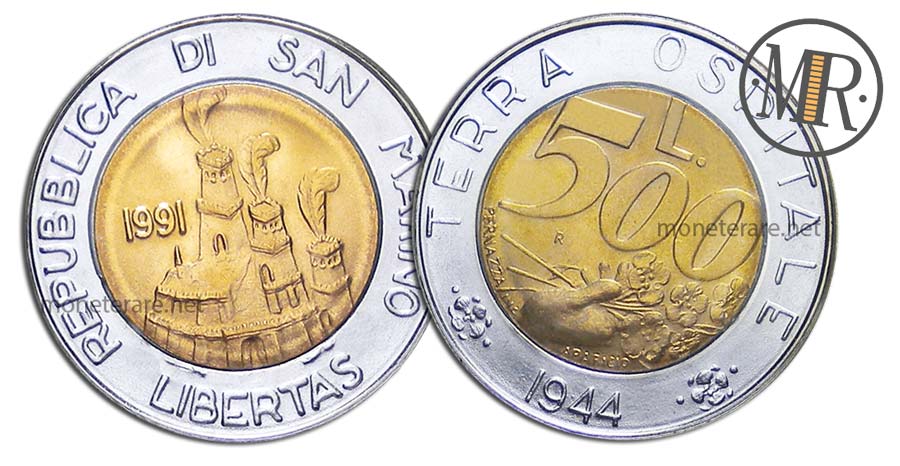 Moneta da 500 Lire San Marino 1991 Bimetalliche Terra Ospitale