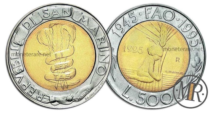 moneta da 500 Lire San Marino Bimetalliche 1995 50 anni FAO