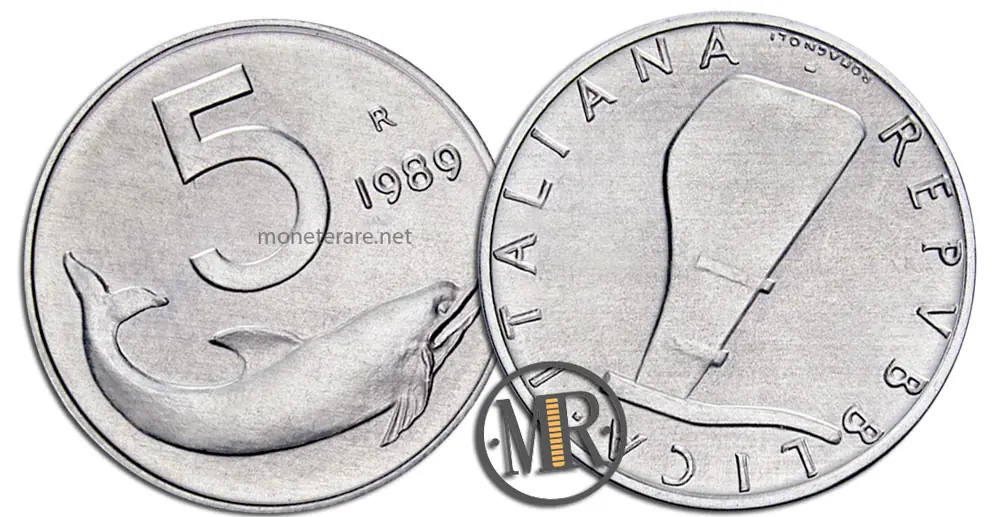 5 Lire Delfino 1989 Timone rovesciato 5 Lire valore
