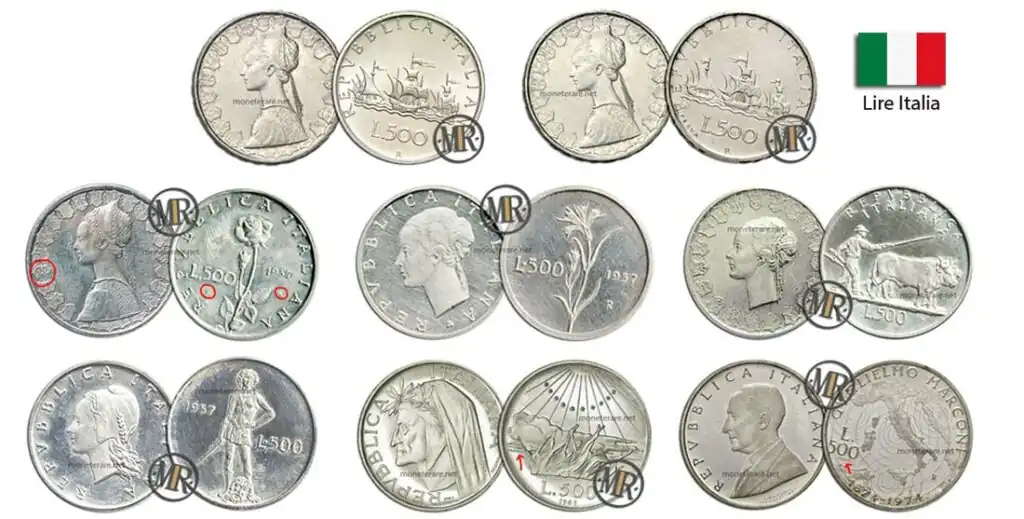 500 Lire Argento Italiane con il valore di ogni moneta