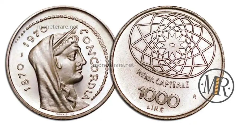 1000 Lire Silbermünze Roma Capitale 1870-1970 Concordia